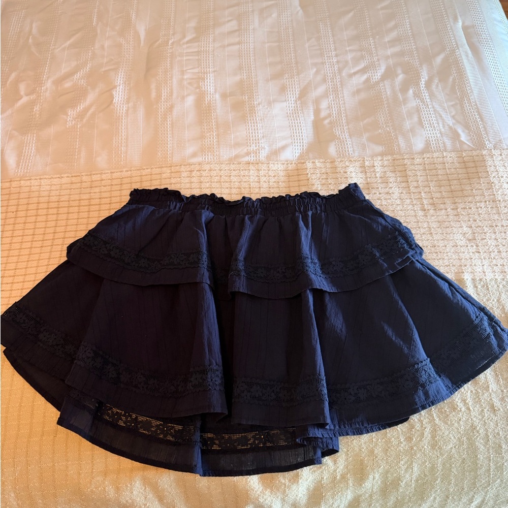 Navy Tiered Lace-Trim Skater Skirt
